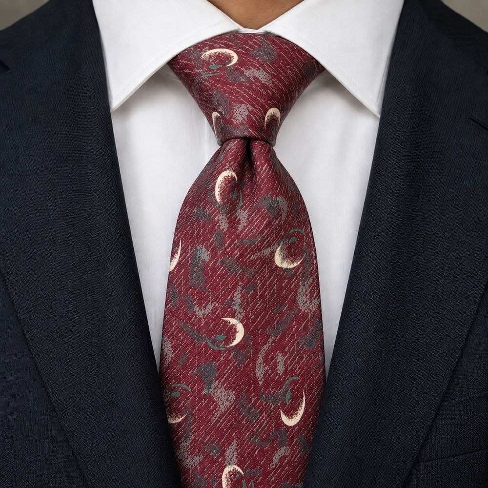 Vintage SICO Made in Italy 💯 Silk Tie Burgundy Celestial Crescent Moon Abstract